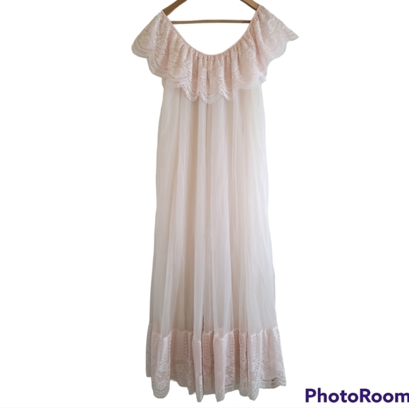 Vintage Peignoir Set Intime White Pink Long 2-piece Robe Nightgown Chiffon Lace - Picture 2 of 11